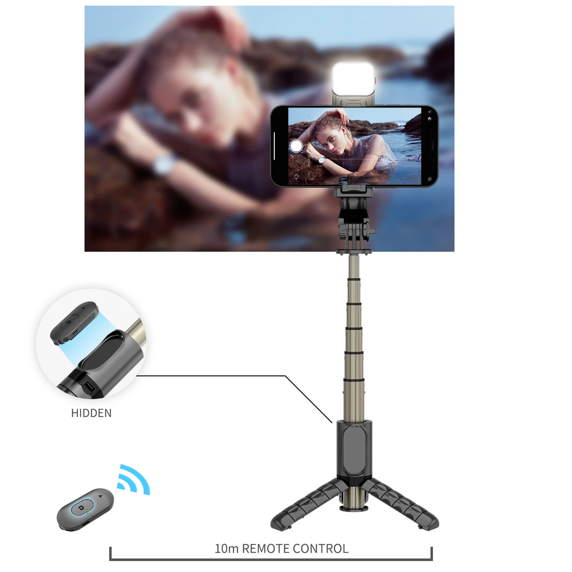 Alumínio selfie vara tripé, mini tripé extensível, 360 luz de preenchimento, anti telefone para facebook, youtube, 4 em 1, quente, 2024