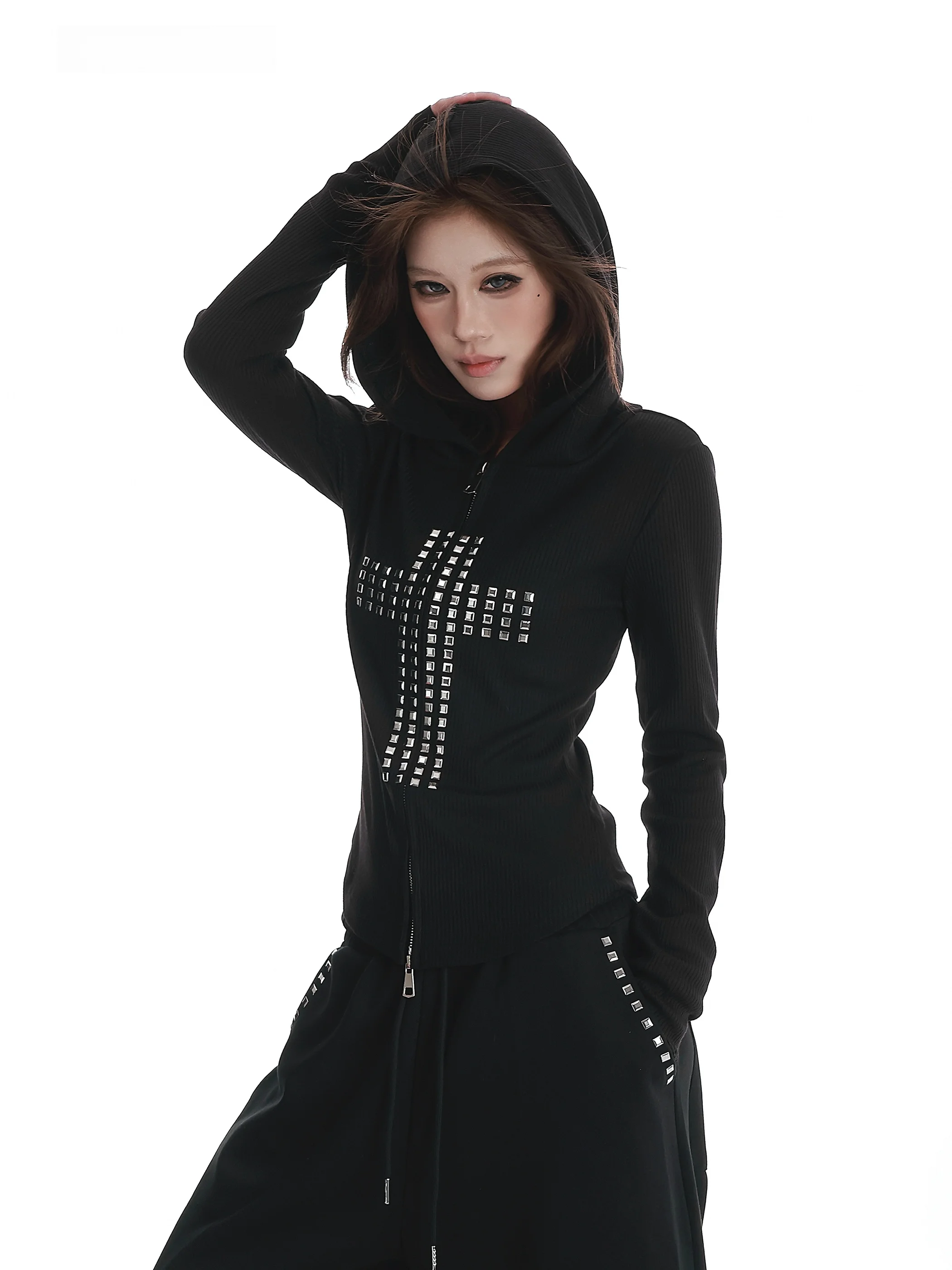 

Vinmuk American Retro Street Cross Rivet Hooded Long Sve Women's Spring Autumn Layering Slimming Versatile Outerwear