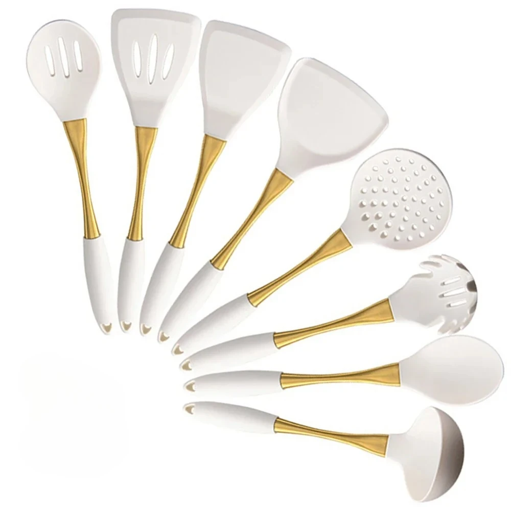 

8 шт., силиконовая кухонная утварь из белого золота, кухонная утварь, кухонные аксессуары, лопаточка, термостойкий дуршлаг для макарон, лопатка