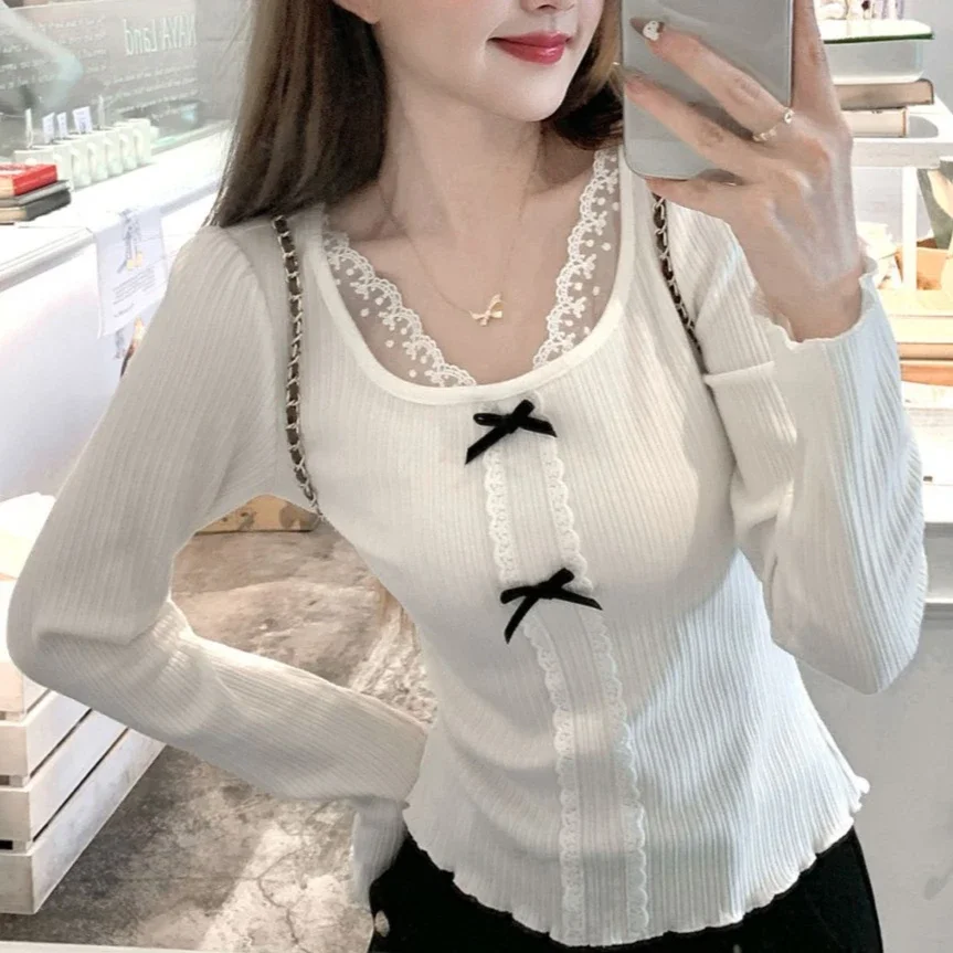 

Kawaii Кружевные футболки для женщин Футболка с длинным рукавом Корейский стиль Женская одежда Рубашка Y2k Укороченный топ Женские футболки Весна Осень 2024