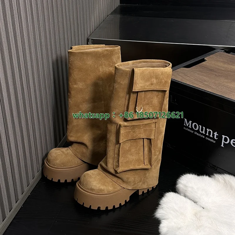 Leather Trouser Boots For Women New Height-Enhancing Thick-Soled High-Top Knight Boots Pocket Long Boots Women's Boots