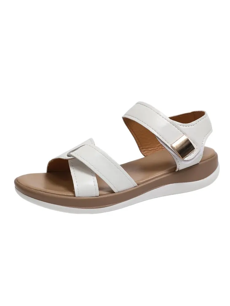 2026 Damen Sommer Flache Sandalen Mode Metallschnallen-Riemensandalen Runde Zehen Offene Zehen Lässige Bequeme Strand-Römersandalen für Frauen – Detail 13