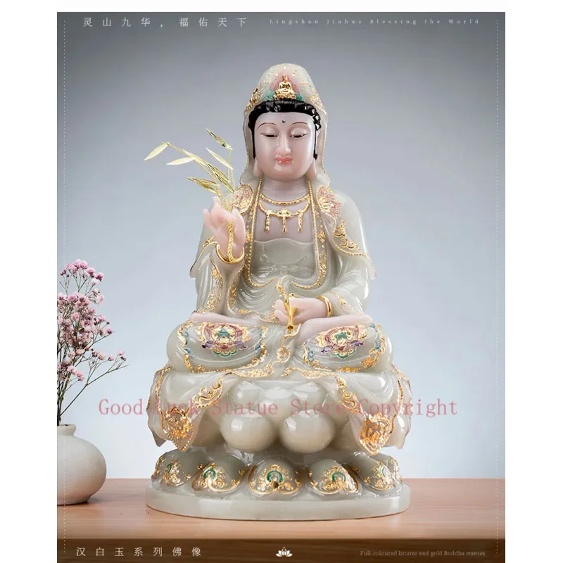 

30CM large Good quality jade COLOR gilding Guanyin Buddha Home family efficacious bless safe good luck Talisman statue