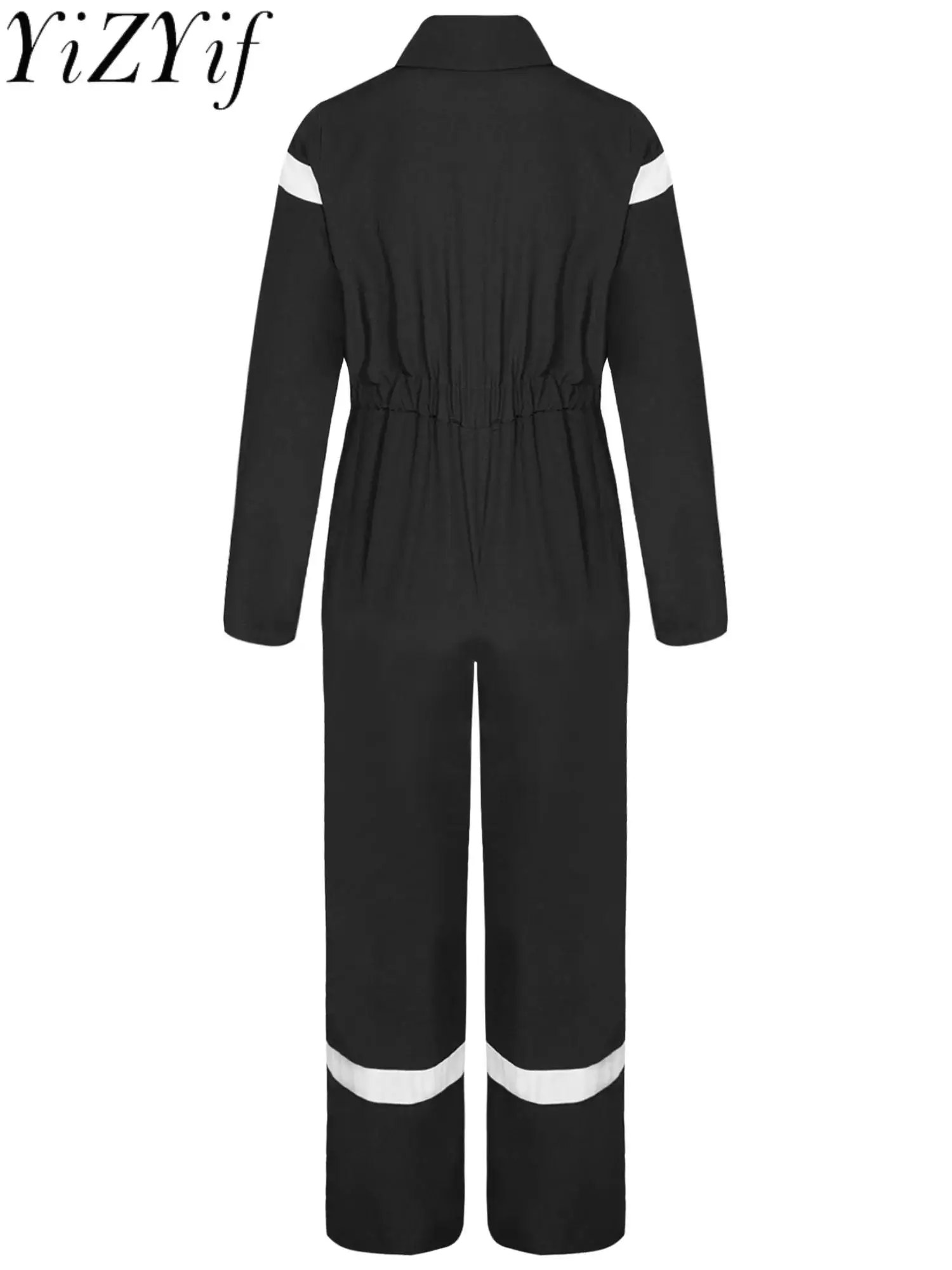 Girls Boys Contrasting Lines Jumpsuit Zipper Turn-Down Collar Long Sleeve Elastic Waist Bodysuit Wide Leg Mechanic Coverall