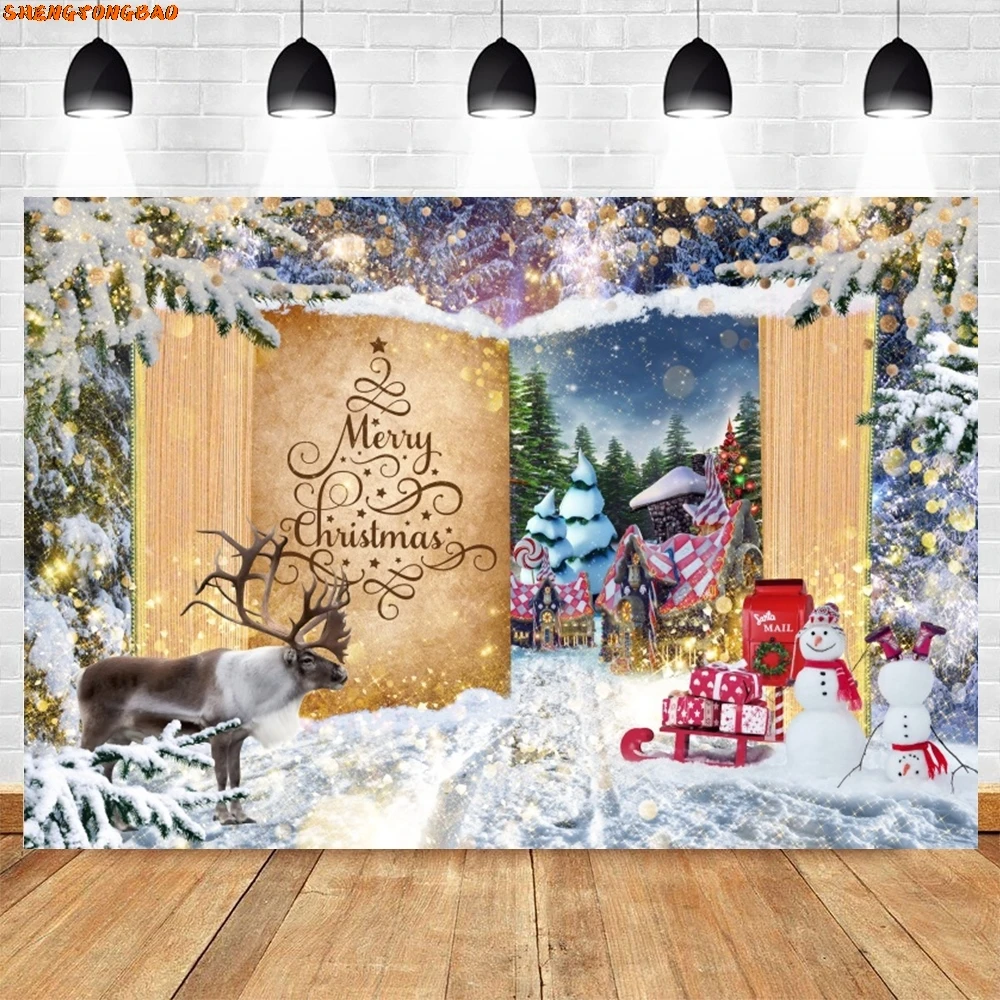 Рождественский зимний фон Снежная страна чудес Сказочный лес Рождественская елка Подарок Луна Снеговик Семейная вечеринка Фон для фотосъемки