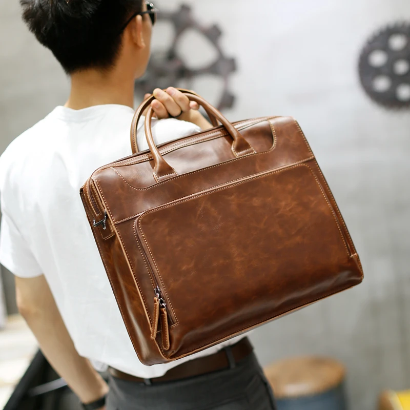 LEBSGE Retro Crazy Horse Pu Leather Men\'s Briefcase Handbag Messenger Business Men Tote Bags Man Casual Crossbody Briefcases