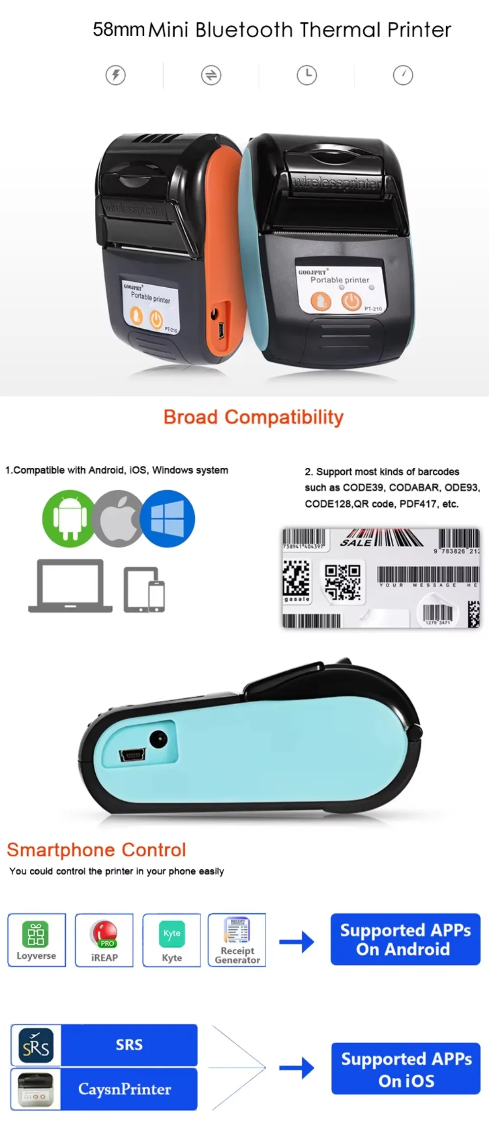 Printer Thermal 58mm PT-210 Mini Bluetooth Portabel untuk Struk