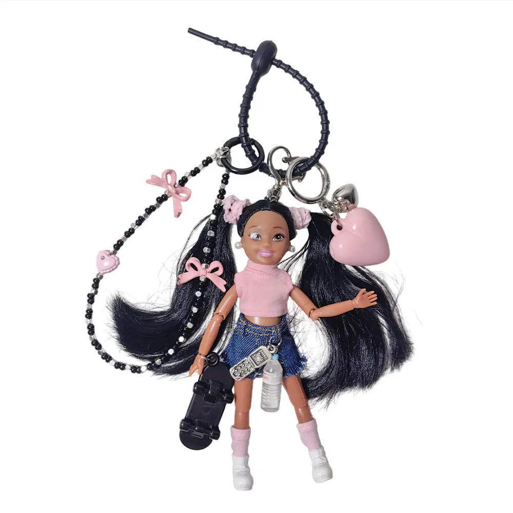 Fashion Skateboard Girl Doll Keychain With Bow Chain Trendy Bag Pendant Cute Luxury Bag Accessories Gift