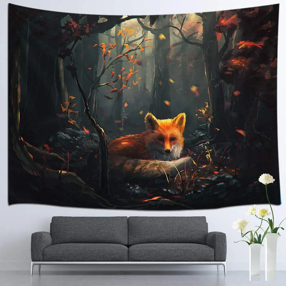 

Painting Animal Lover Fox In The Forest Tapestry Wall Hanging Bedroom Aesthetic Living Room Dorm, Cool Cute Fox Wall Tapestries