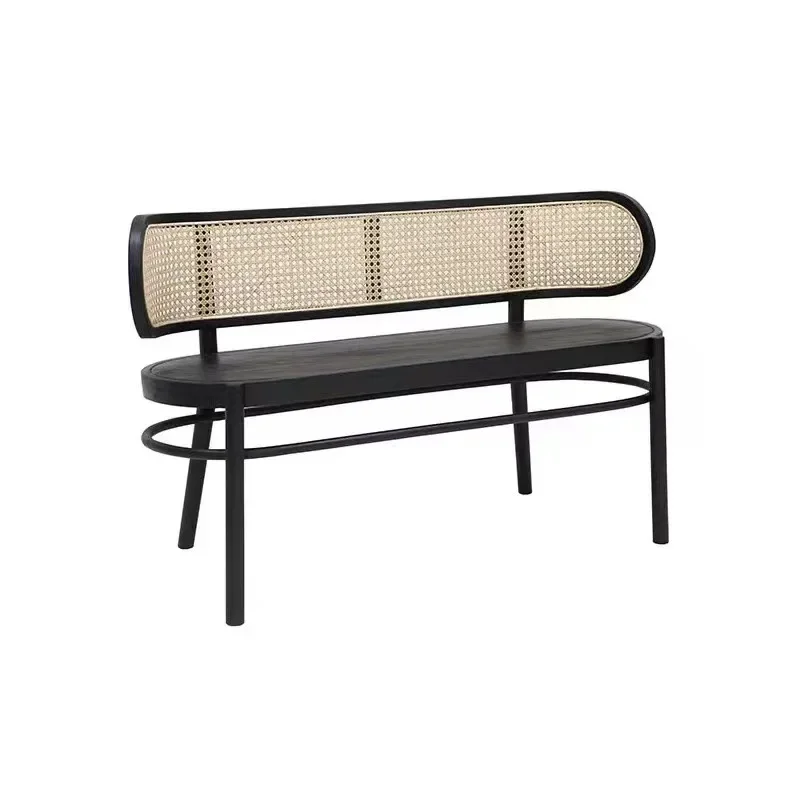 Indoor lounge bench braided rattan, walnut wooden chair double chair