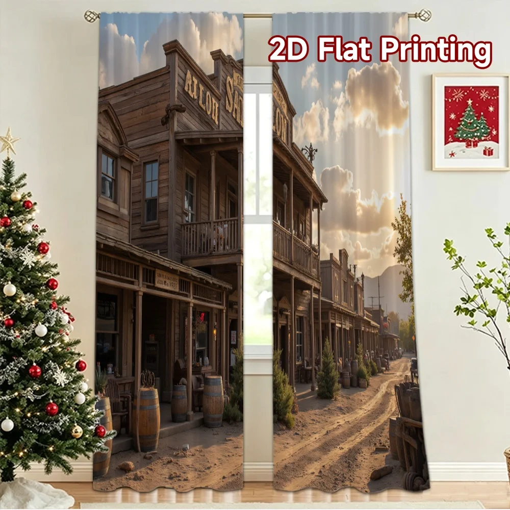 2D flat 2pcs Curtain Retro Country Style Old West Saloon Street Digitally printed polyester, colorfast Festive Holiday Perfect