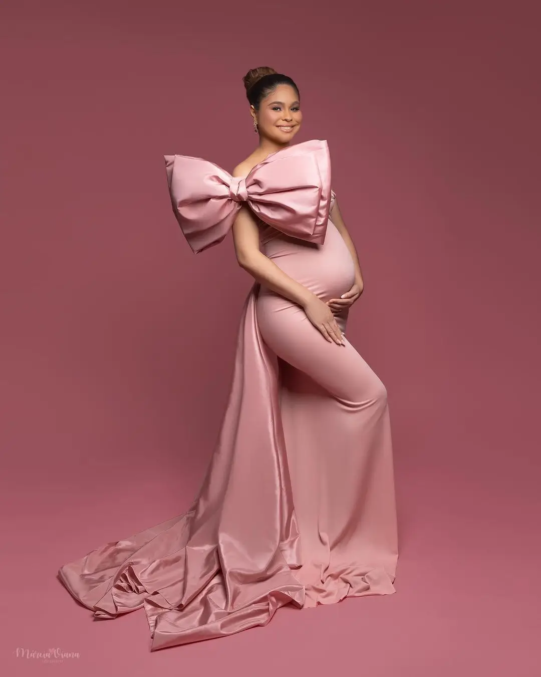 Pink Bow Wedding Maternity Dress for Photoshoot Plus Size Pregnancy Baby Shower Photography Gown for Wedding Guest Custom #18457