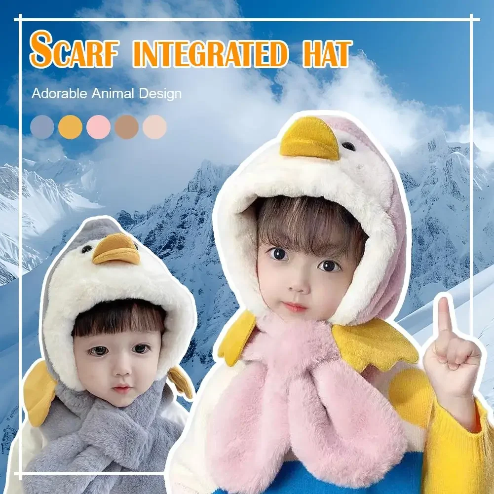 1Set Soft Cozy Winter Baby Plush Cartoon Penguin Ear Protection Hat Scarf Thick Faux Fur Windproof Coldproof Kids Outdoor Warm
