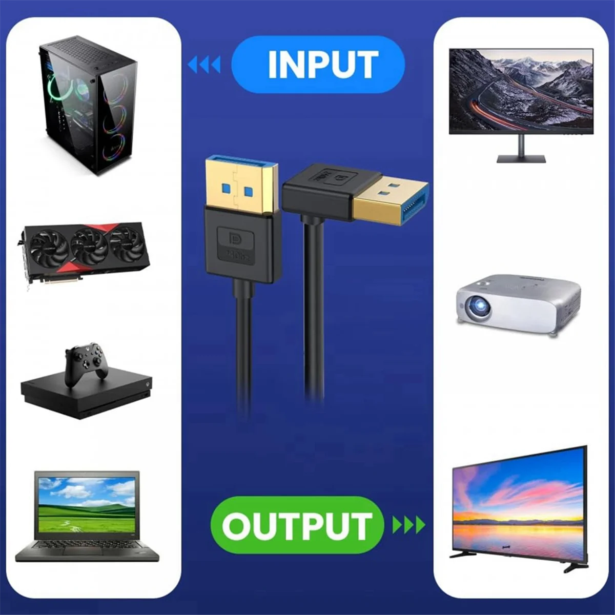 Cable DP1.4 8K Cable de 60cm Cable ultrafino en ángulo de 1,4 DP a DP 8K 60hz UHD 4K 144hz 90 grados para monitores