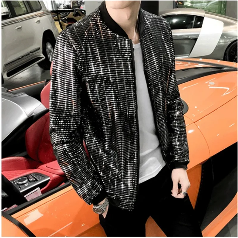 Y2K Spring New Sequined Bomber Jacket Men Long Sleeve Glitter Zip Up Thin Coat Hip Hop Loose Night Club Streetwear Coat Techwear