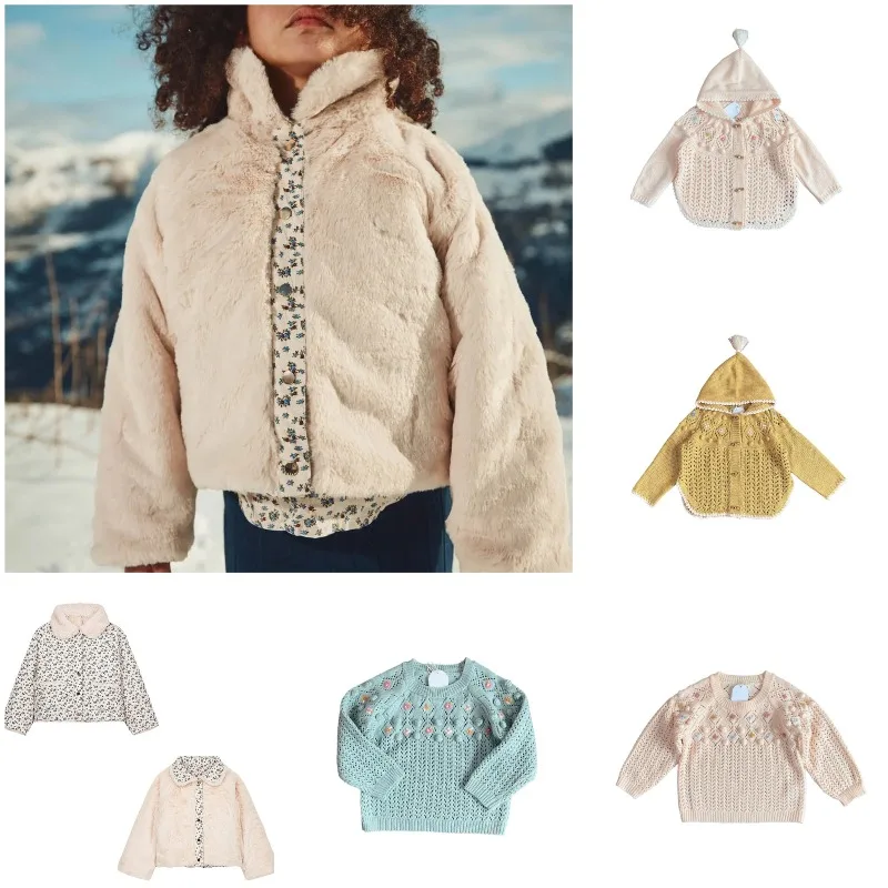 2026Winter Girls Knitted Hooded Cardigan Ethnic Style Handmade Cable Knit Sweater with Pom-poms Flowers Printed Warm Outerwear