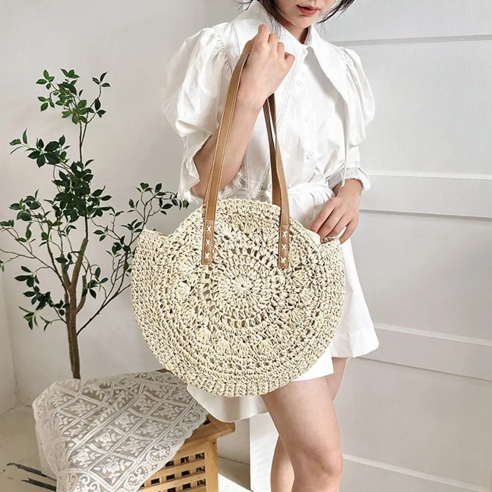 

New Round Straw Weave Bag Handmade Boho Straw Tote Bag Large Capacity Hollow Woven Shoulder Bag Travel