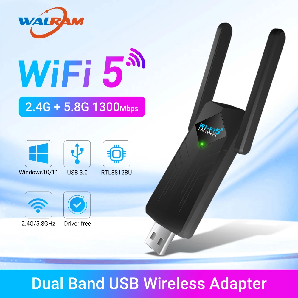 

WALRAM USB3.0 WiFi Wireless Adapter WiFi 5 2.4GHz AC1300 Network Card Dual Band RTL8812BU for PC Laptop Windows10/11