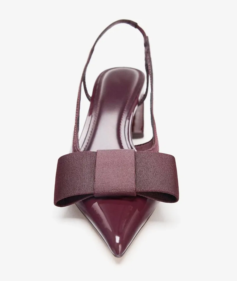 

Burgundy Patent Leather Designer Pumps Women Sexy Pointed Toe Chunky High Heels for Ladies Elegant Bow Decorated Heeled Sandals