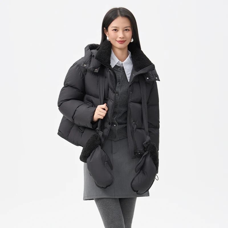 Chericom Women's Down Coat Short Lamb Wool Patchwork Detachable Hood Winter Thickness Coat Windproof Warm Down Jacket Y318180Y