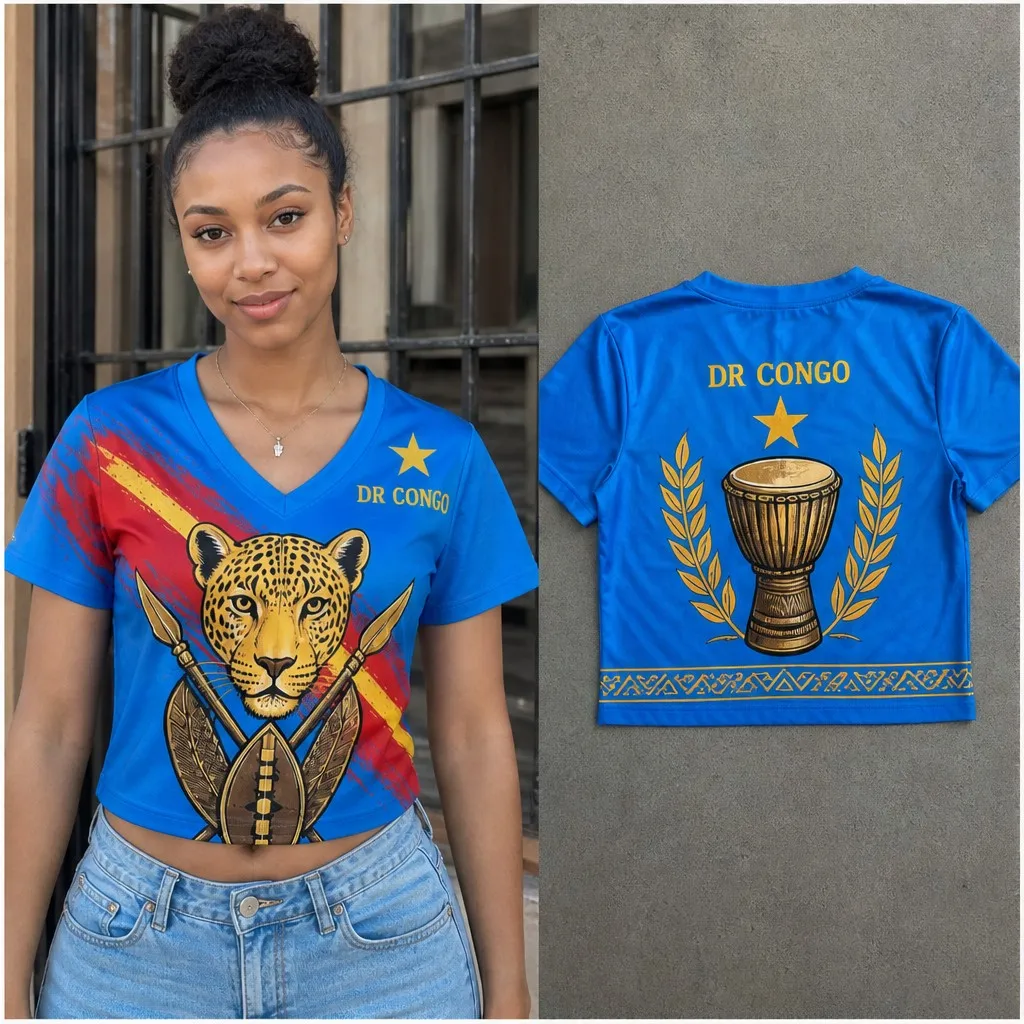 Womens DR Congo V Neck Short Sleeve Crop Top Leopard Mask Drum Tribal Print Casual Summer Shirt for Street Travel Holiday Outing