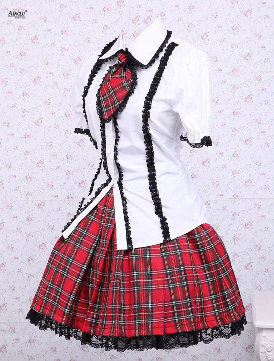 Ainclu Womens Cotton Lolita Suits Including White Puff Short Sleeves Lolita Blouse And Checkered Classic School Lolita Skirt view 2