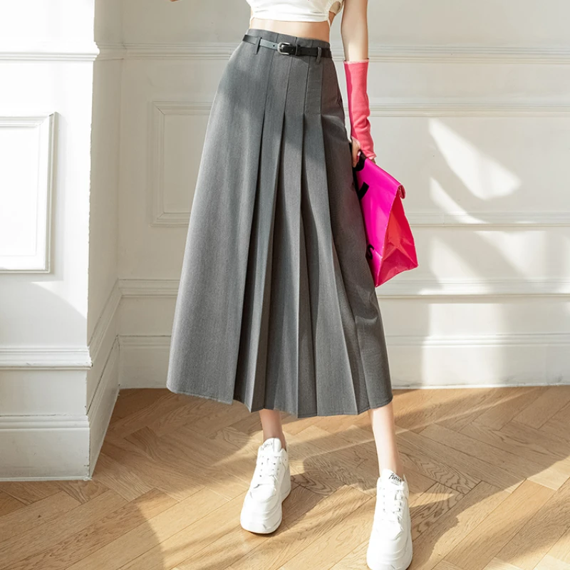 

Gray Fashion High Waist A-line Pleated Skirt Women Long Skirts Office Lady Elegant Suit Skirt 2024 New Spring Summer Midi Skirts