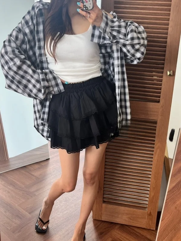 

Slimming Plaid Loose Fit irt Women's Chic Retro Collar Sun Protection Top Breathable Korean Sle Long Sve Cotton