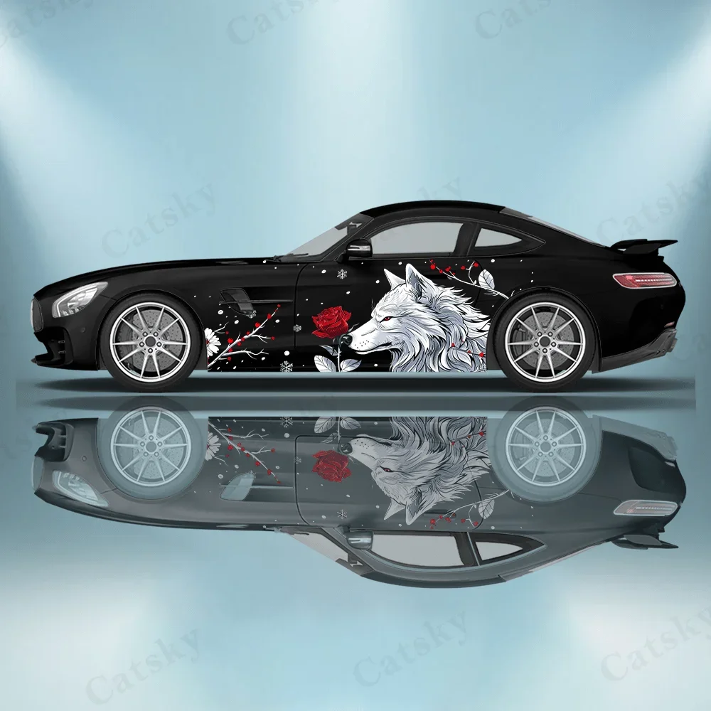 2Pcs White Wolf with Red Rose Car Sticker Full Body Decoration Covering Scratches Protect Car Sticker Waterproof Car Vinyl Wraps