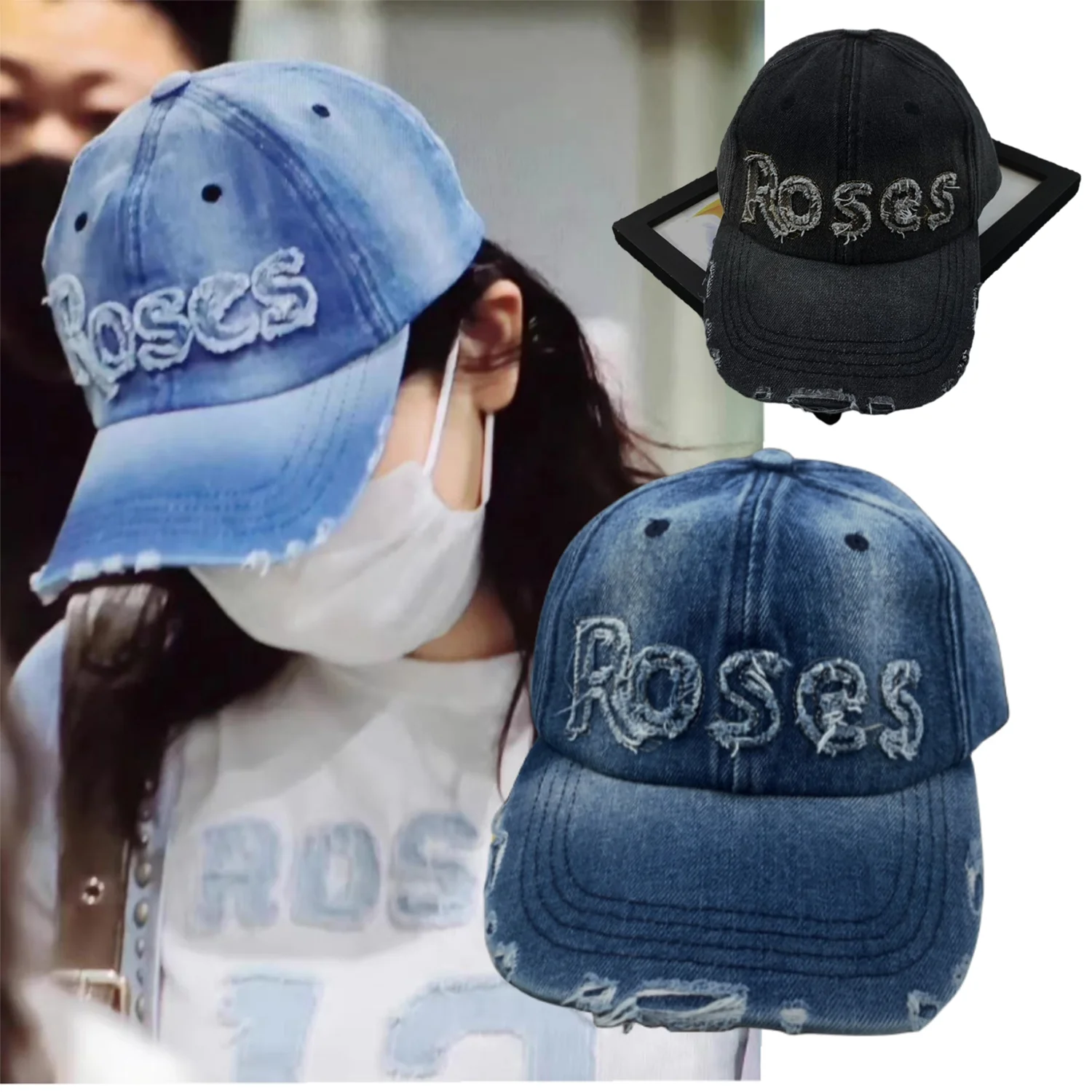 

KPOP Kang Seul Gi Vintage Wash Cowboy Duck Cap Distress ROSES Letter Baseball Cap Casual All-matching Alphabet Baseball Cap