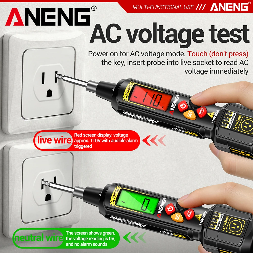 ANENG VD809 Digital Multimeter Non-contact Voltage Tester Pen,Socket Circuit Phase Analyzer ,Line Continuity & Leakage Detection