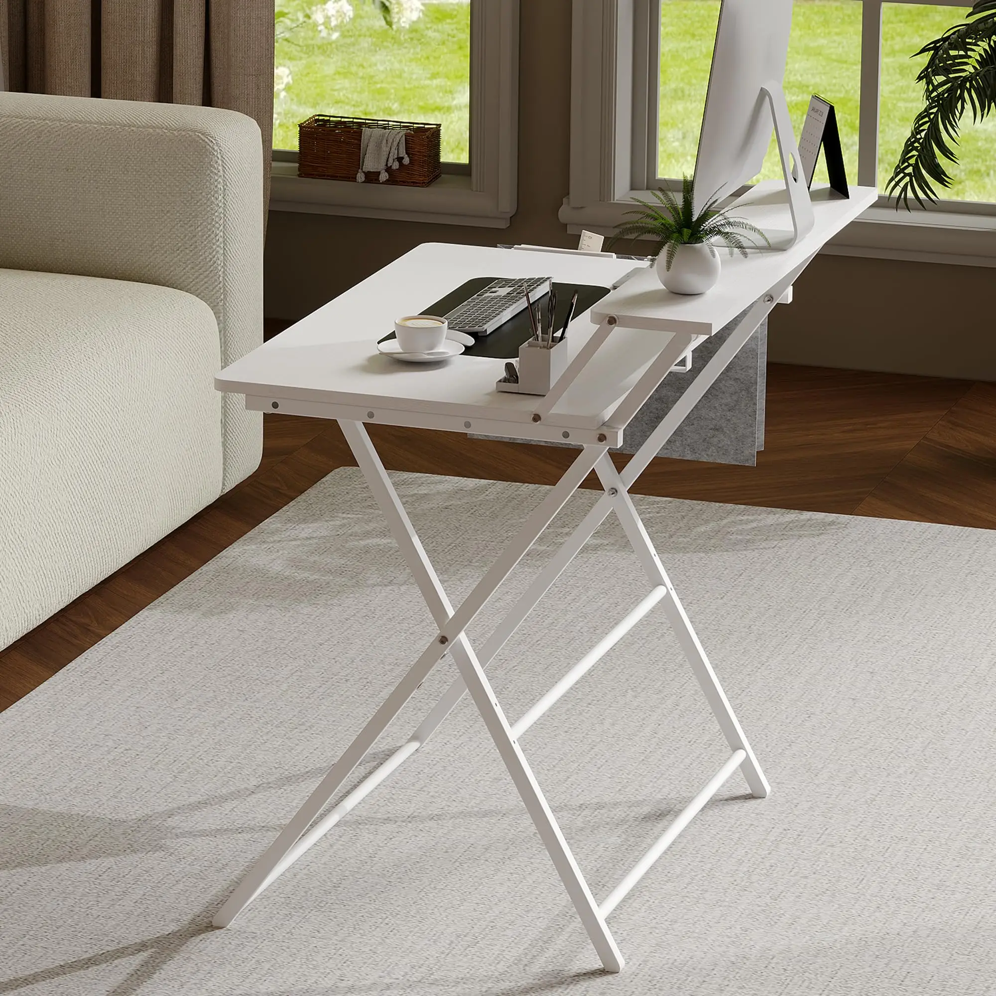No Assembly Folding Computer Desk, Foldable Writing Desk with Storage Shelf & Side Pocket for Small Space Home Office