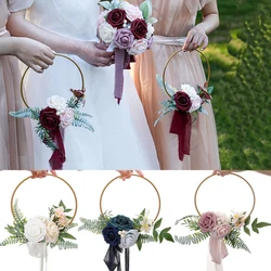 YeeNanee Wedding Gold Hoop Bouquet for Bridesmaids Floral Rose Eucalytpus Metal Ring Wreath Bridal Shower Ceremony Decoration