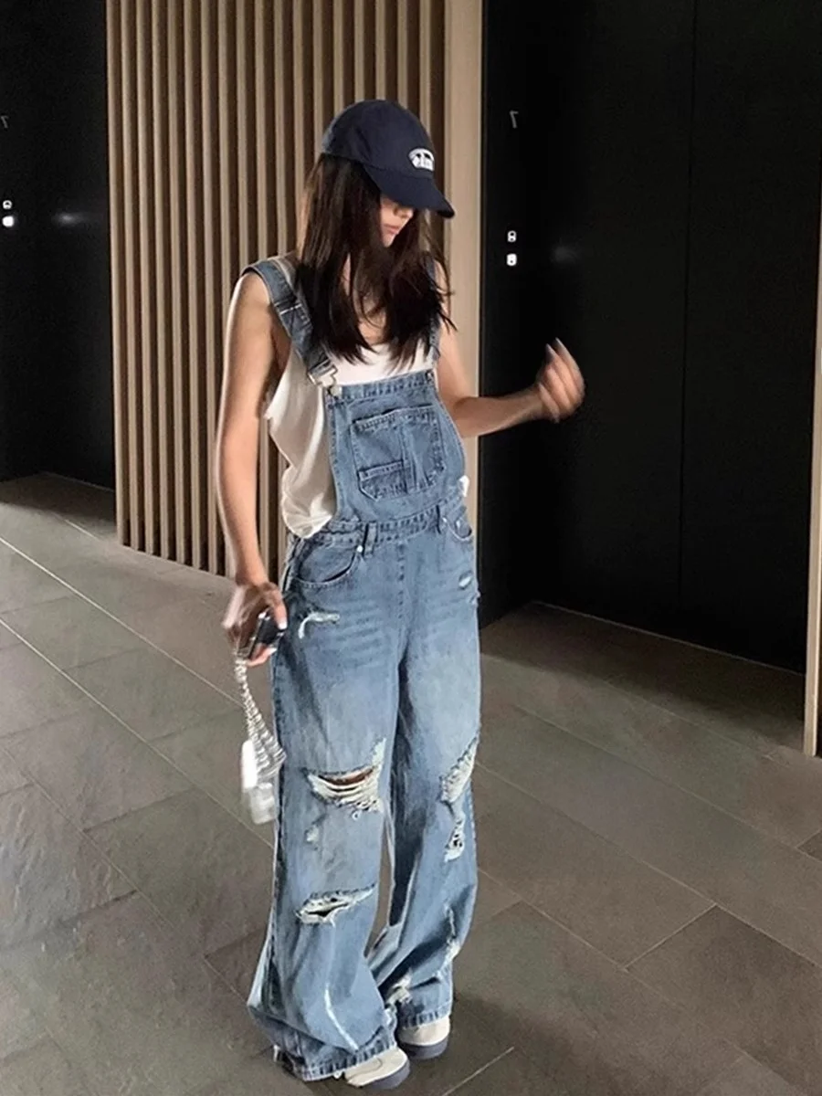 

Loose Wide Leg Denim Overalls Women's Summer Thin Sle High Waist Trousers Street Faion Casual Straight Cut Jeans