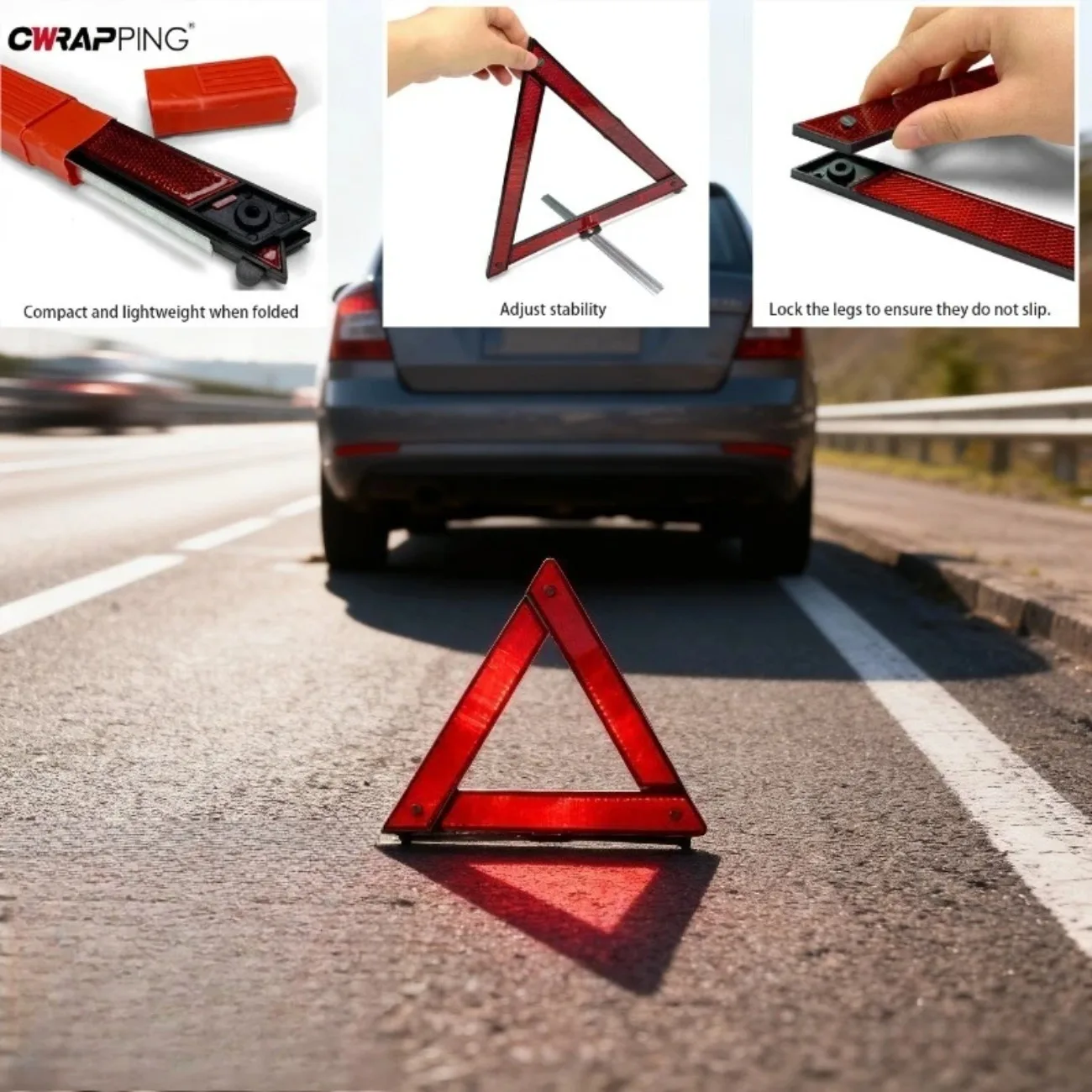 مثلث تحذير عاكس للضوء في حالات الطوارئ - علامة أمان قابلة للطي على جانب الطريق متوافقة مع DOT لكتفرات السيارة وحوادث