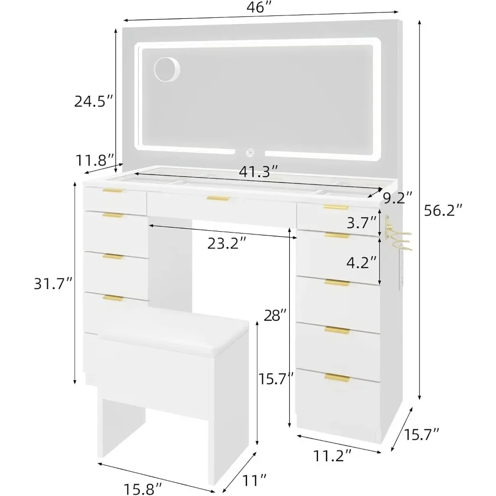 Vanity Desk with LED Lighted Mirror, Power Outlet, 11 Drawers, Cushioned Stool, Glass Top Makeup Vanity Desk