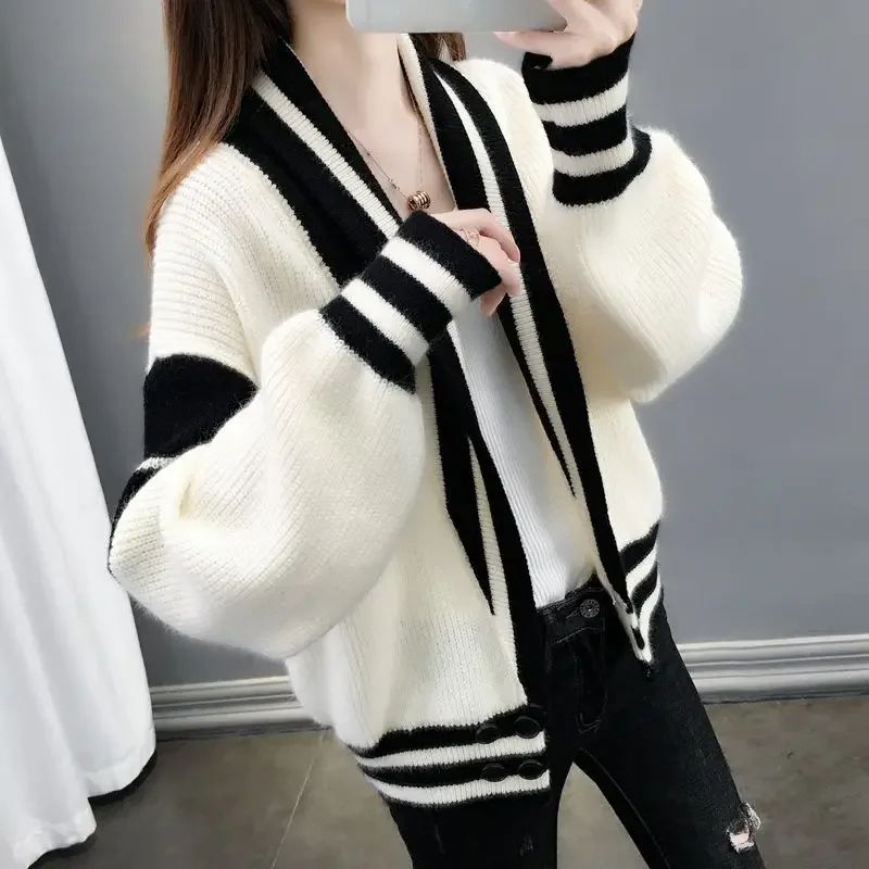 2024 Women\'s Autumn Winter New Loose Cardigan Coats Female Long Sleeve Sweater Jackets Ladies Striped Knitted Outerwear Z543