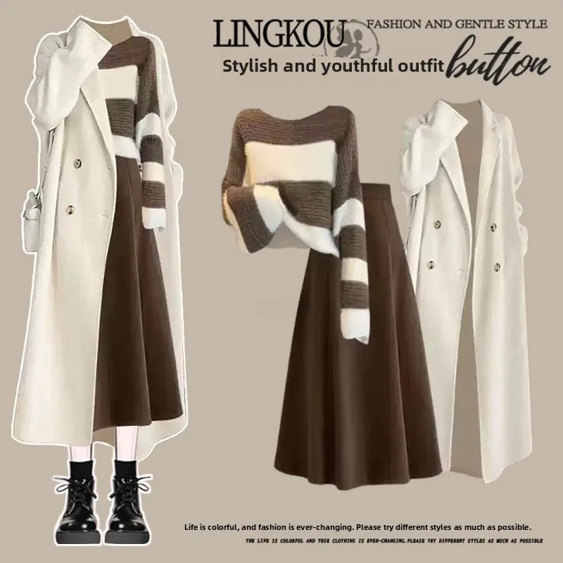 

Elegant plus Size Autumn Winter Set Women's Korean Style Long Coat Stripe Knitwear High Waist Slimming Skirt Three Piece...