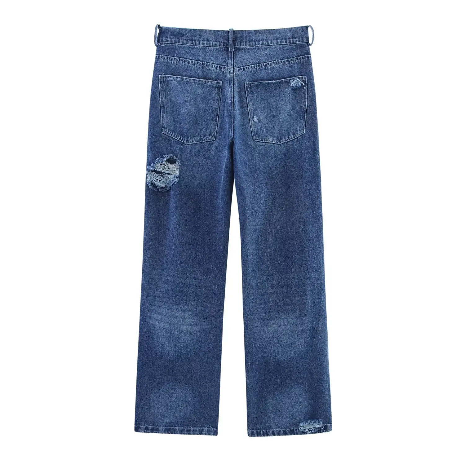 Celana Jeans Robek Lurus Wanita Celana Panjang Ramping Solid Banyak Saku Ritsleting Kancing Pinggang Tinggi Jeans Chic Wanita Baru Musim Semi Musim Panas