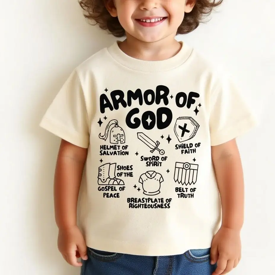 

Inspirational Kids Tee Armor of God Shirt Print T-Shirt Christian Gift Tee Summer Girl Boy Shirt Casual Tops Crewneck Clothing