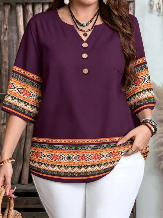 Women Solid Color Ethnic Geometric Border Print Blouse Notched Neck 3/4 Sleeve Loose Fit For Curvy Figures Daily Casual Tops