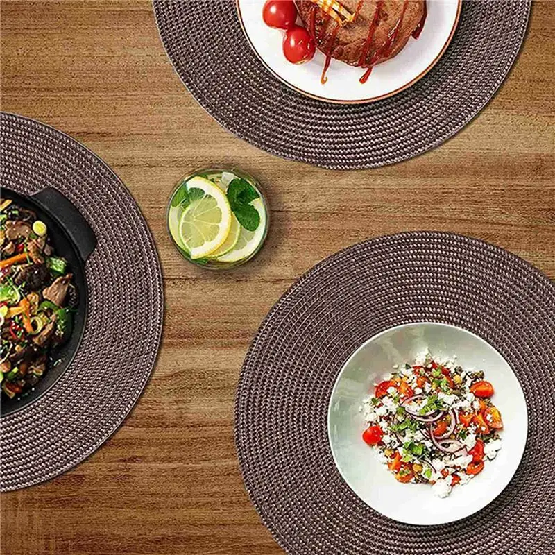 PORK-Round Braided Placemats Set Of 24 Table Mats For Dining Tables Woven Washable Non-Slip Place Mats 15 Inch(Brown)