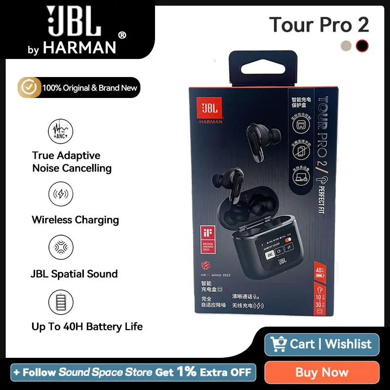 JBL Tour Pro 2 Original ANC Bluetooth Earphone BT 5.3 IPX5 Wireless Charging Active Noise Cancelling Earbuds 40h Battery Life