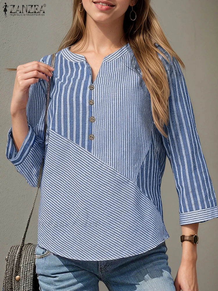 

2025 ZANZEA Autumn Blouses Women V Neck Long Sleeve Tops Stripe Partchwork Shirt Elegant Work Shirts Casual Holiday Blusas Mujer