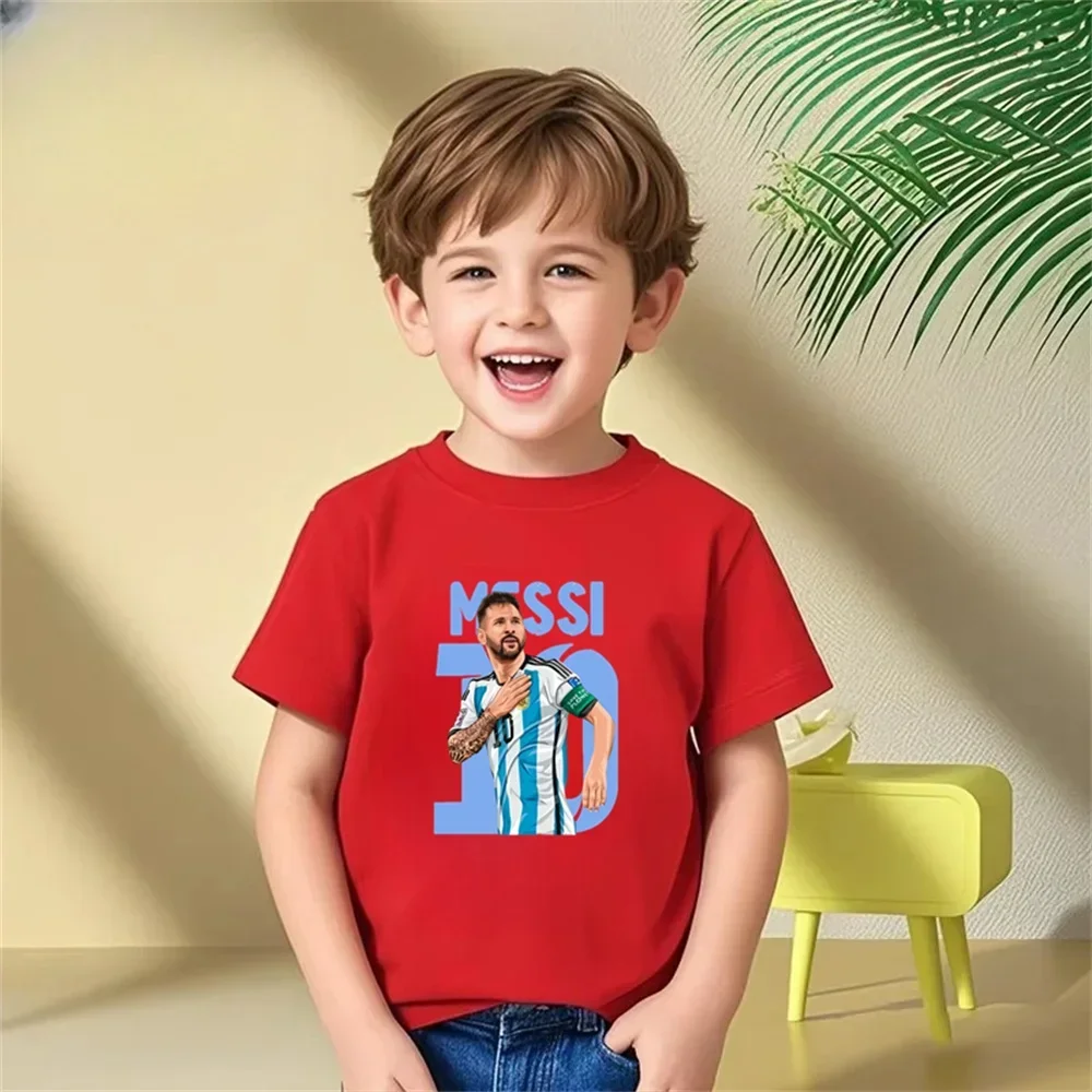 

Летняя детская футболка с забавным принтом, топ с круглым вырезом, свободный футбольный болельщик Месси, детские спортивные модные футболки для маленьких мальчиков и девочек