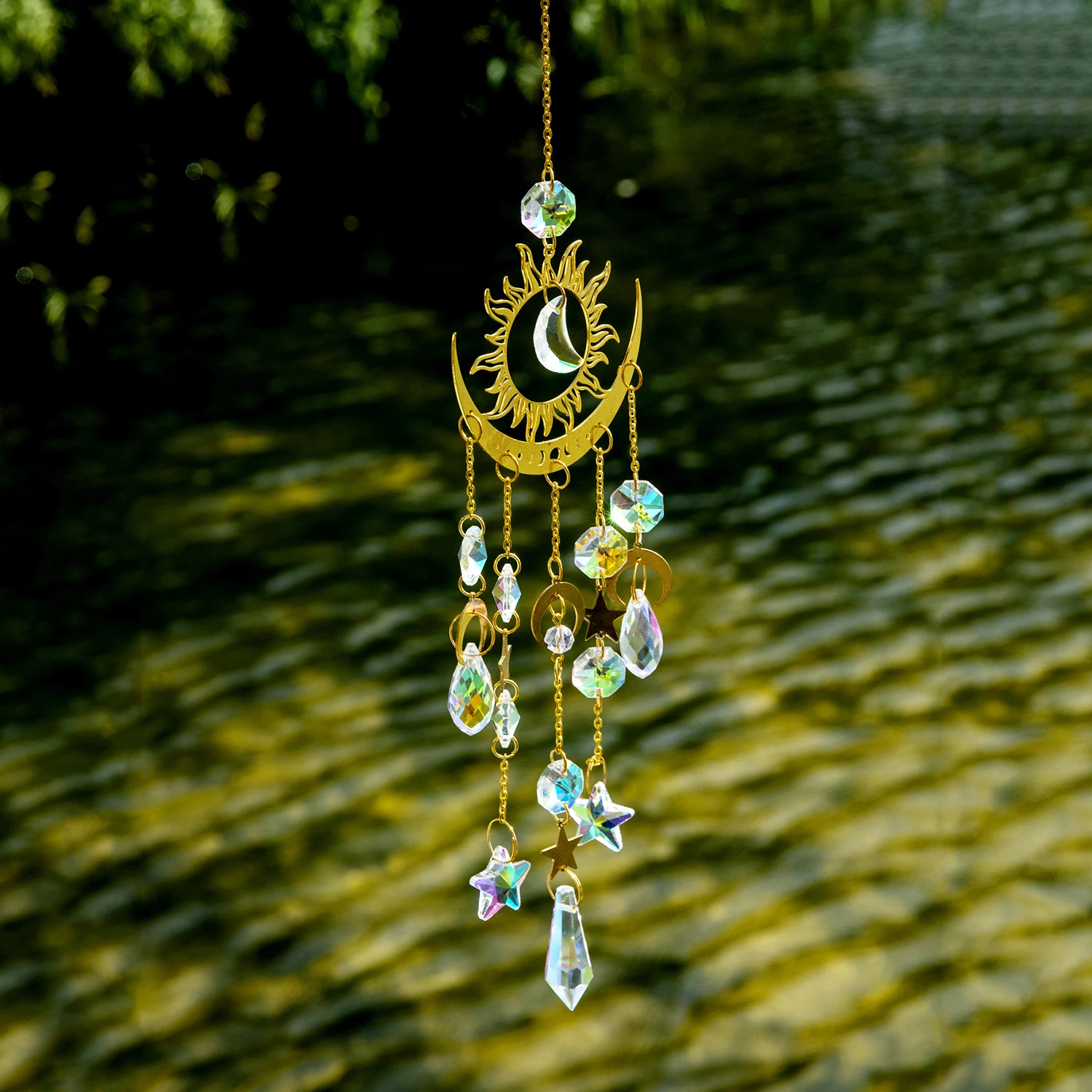 1 Pc Gold Star Moon Outdoor Lighting Crystal Wind Chime Hanging Garden Sun Catcher Holiday Wedding Party Decoration Supplies