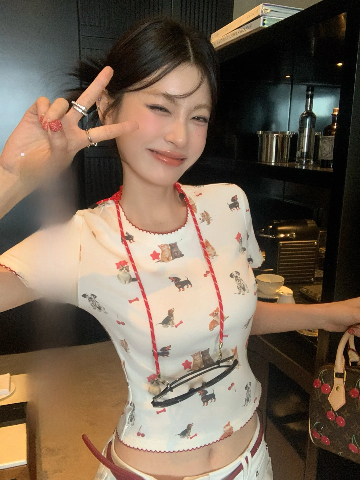 

LIONE Cute Dog Print Elastic Slim Fit Short Sleeve T-Shirt High Waist Wide Leg Casual Mid-Pants Women's Fashion Set