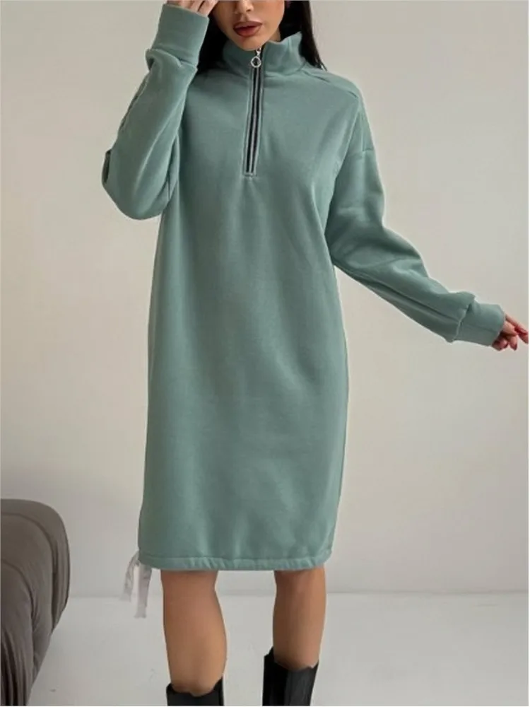 

Casual Hoodie Dresses Women 2025 New Fashion Zip-up Collar Drawstring Loose Sweatshirt Dress Lady Autumn Winter Solid Vestidos