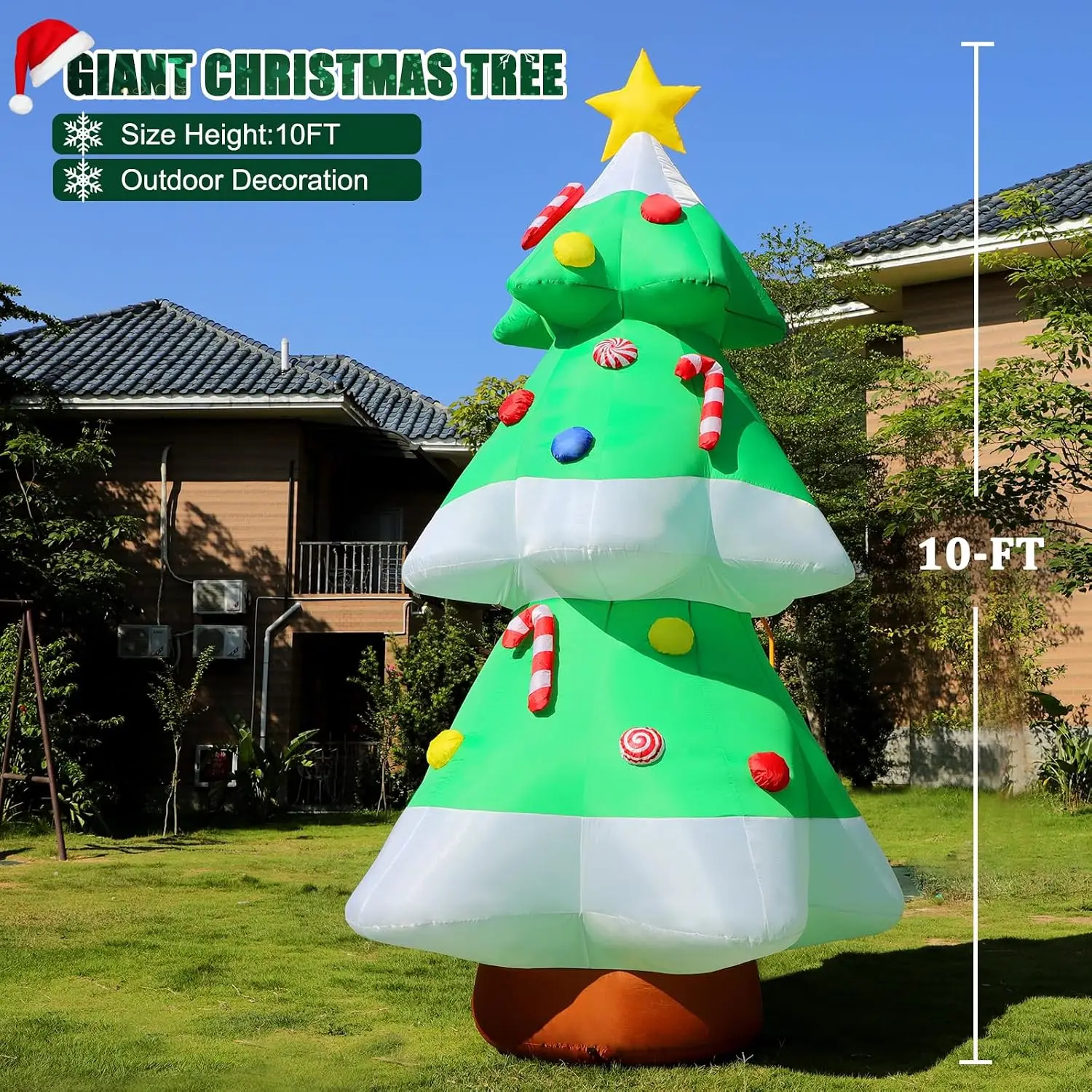 10 FT Giant Inflatable Christmas Tree Outdoor Decor, Blow Up Xmas Yard Decoration with LED Lights, Star Treetop & Colorful Candy for Holiday Party Garden Patio Lawn