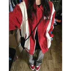 MEXZT Harajuku Baseball Jacket Women Corduroy Patchwork Bomber Jackets Streetwear Oversized Striped Outerwear Vintage Coats New